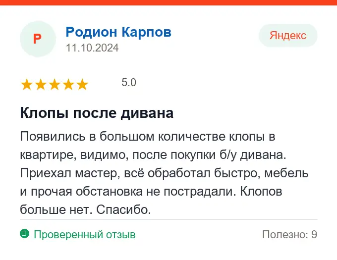 Отзыв Родион Карпов: Клопы после дивана